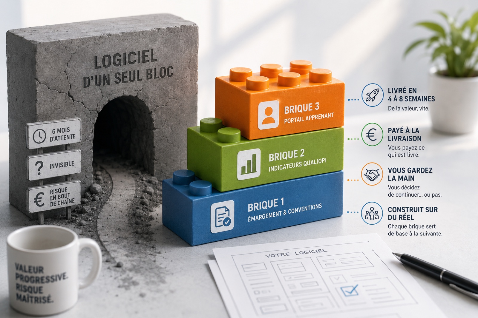 Infographie illustrant la méthode brique par brique : à gauche un monolithe de béton fissuré « Logiciel d'un seul bloc » avec un tunnel sombre, à droite trois briques Lego empilées (Brique 1 Émargement & Conventions, Brique 2 Indicateurs Qualiopi, Brique 3 Portail apprenant) légendées « Livré en 4 à 8 semaines », « Payé à la livraison », « Vous gardez la main », « Construit sur du réel ».