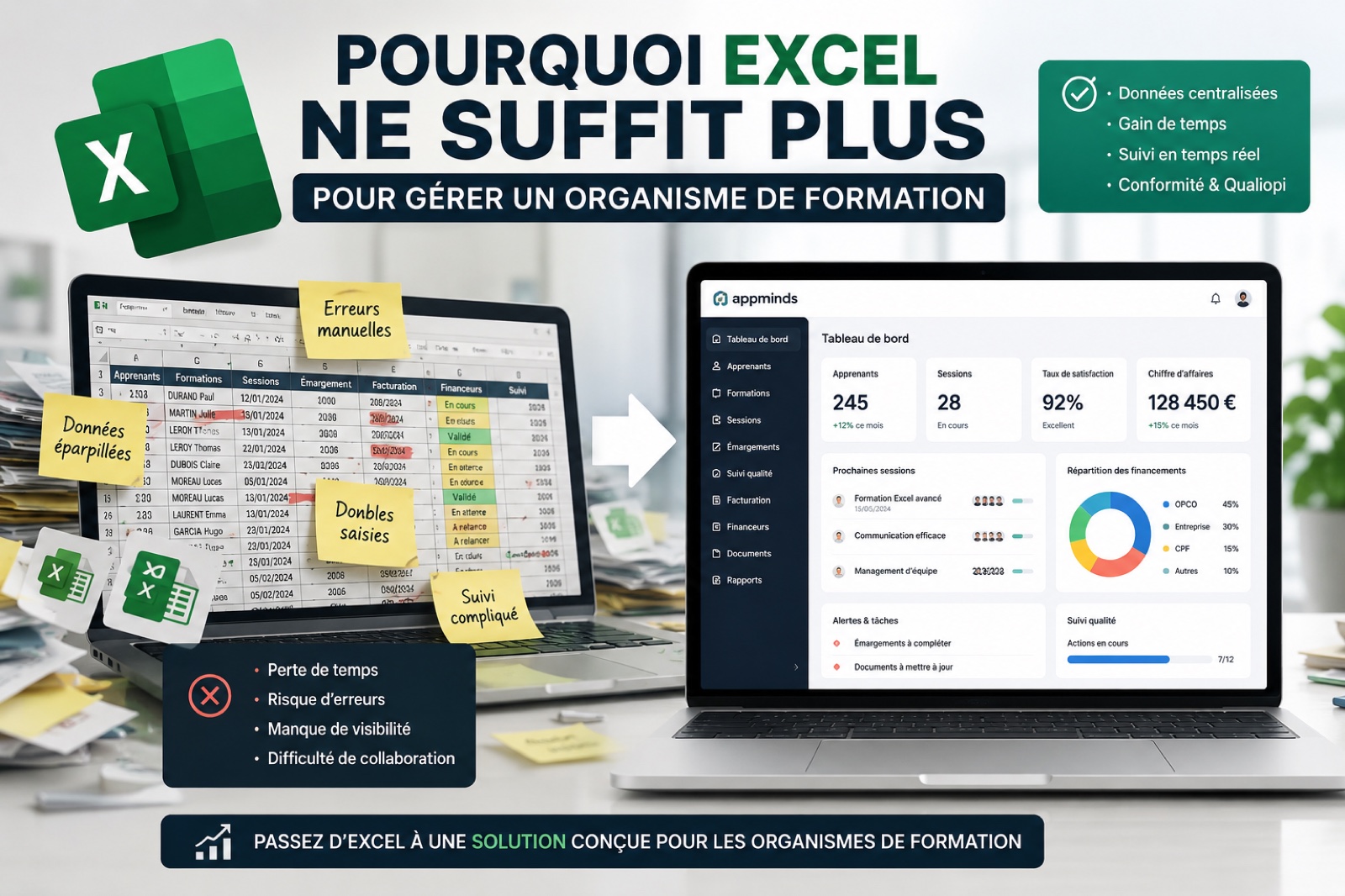 Comparaison entre une gestion sur Excel éparpillée et un tableau de bord centralisé pour organisme de formation