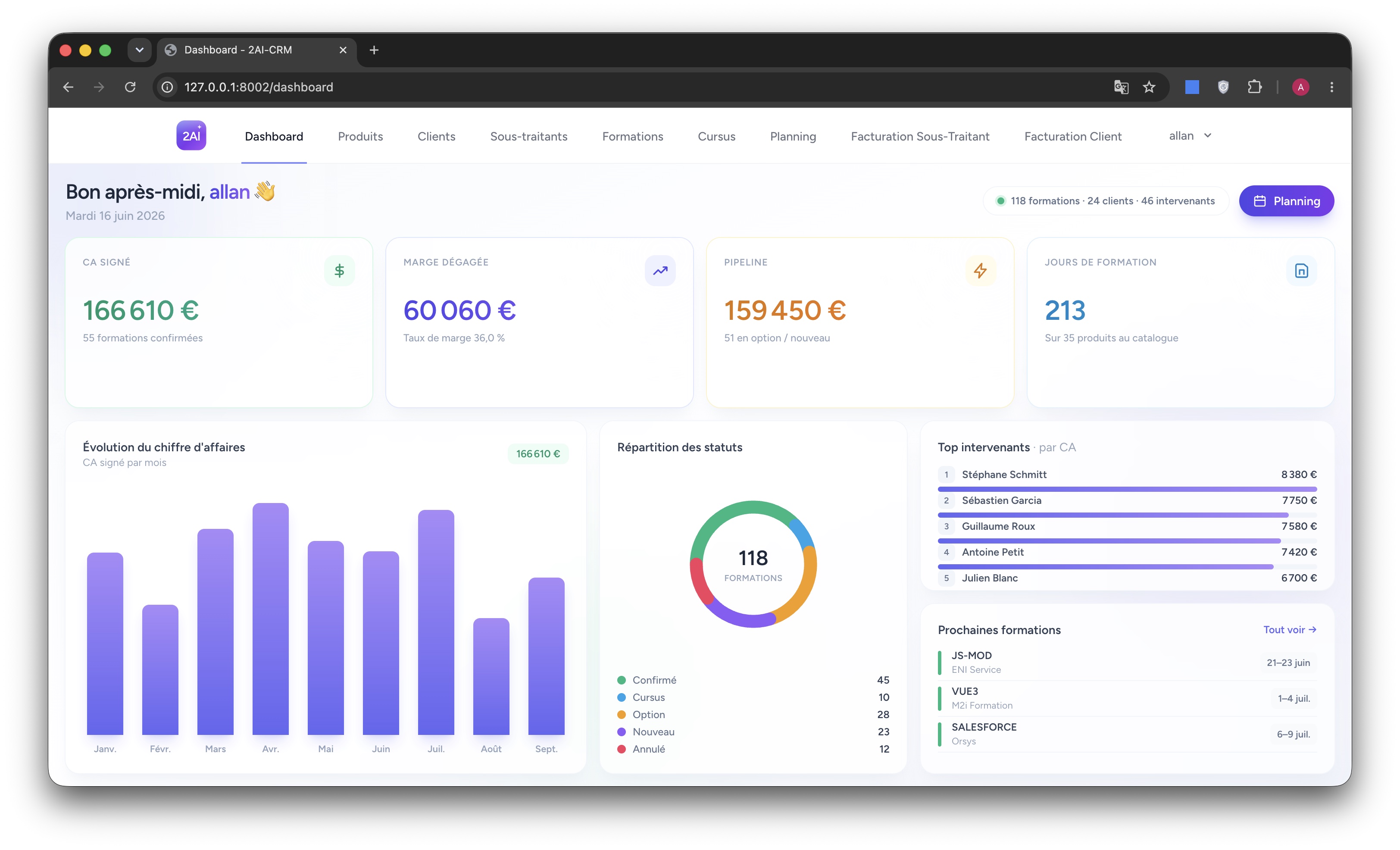 CRM sur-mesure pour 2AI, entreprise de délégation de formateurs : planning d'une quarantaine d'intervenants dans plusieurs centres de formation, espace formateur en self-service (accord, supports, bons de commande, factures) et automatisation des e-mails vers les centres.