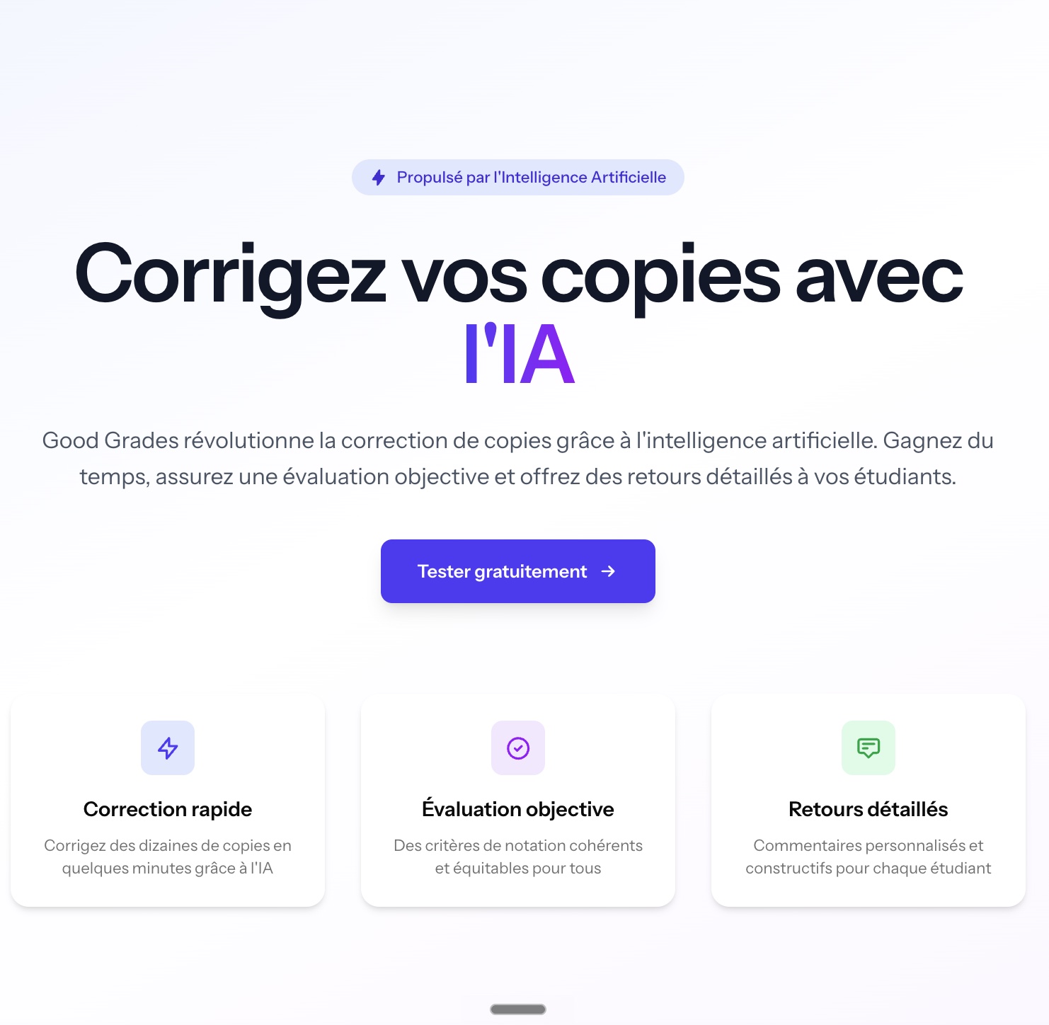Application (et API) vendue à Kwark Education pour corriger par IA examens, rapports de stage et études de cas : extraction des questions, réponse référente et critères de notation générés puis validés par l'humain, avant la correction des copies par une IA entraînée à se rapprocher d'une notation humaine.
