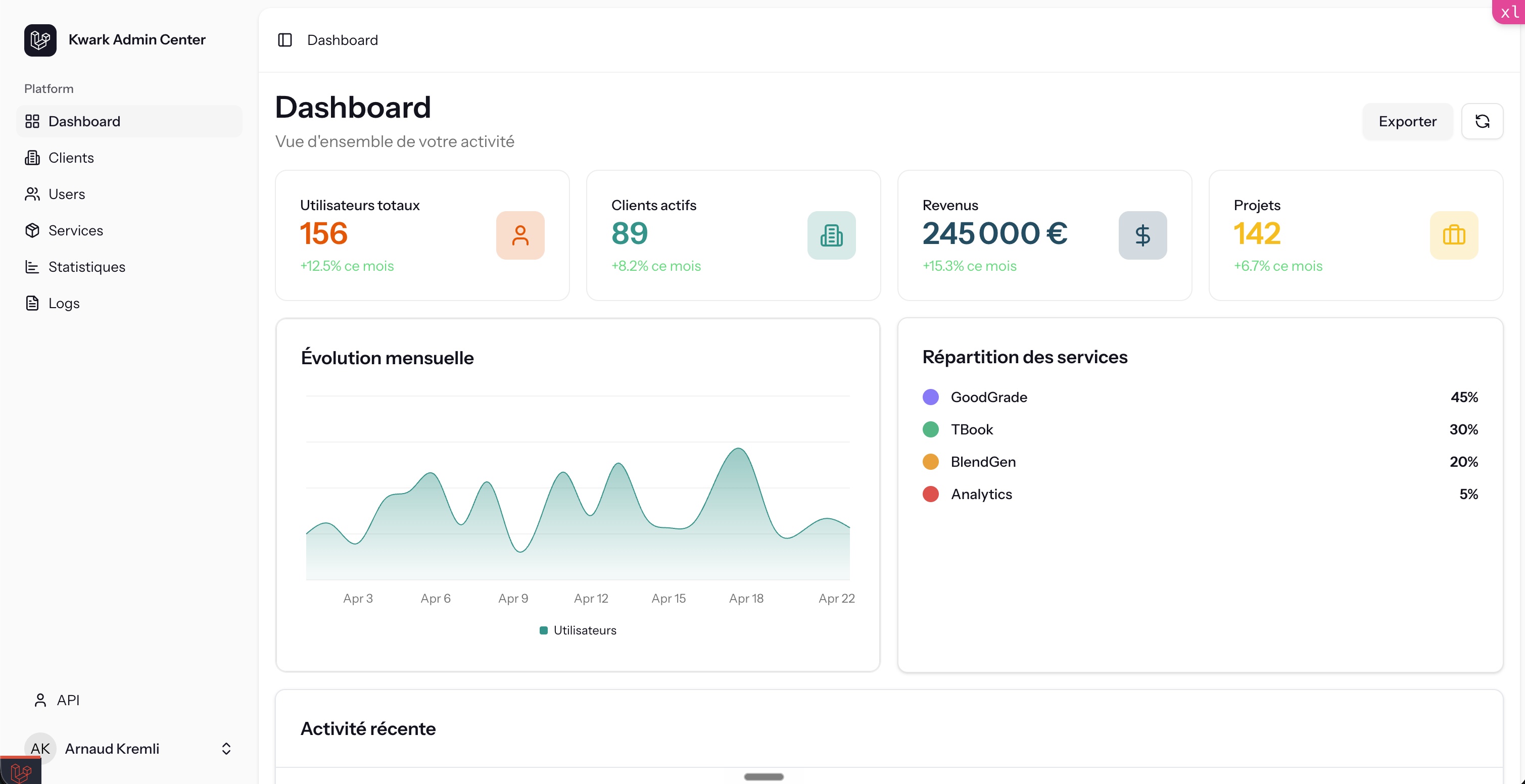 Console d'administration commandée par Kwark Education pour piloter sa suite d'outils depuis un seul endroit : centralisation des clients et des licences, activation/désactivation des comptes, agrégation des logs des services et édition/envoi des factures selon les licences souscrites.