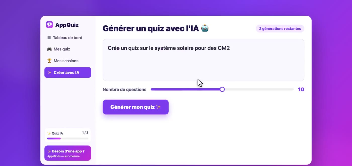Écran de génération d'un quiz par l'IA dans AppQuiz : sujet, niveau et nombre de questions