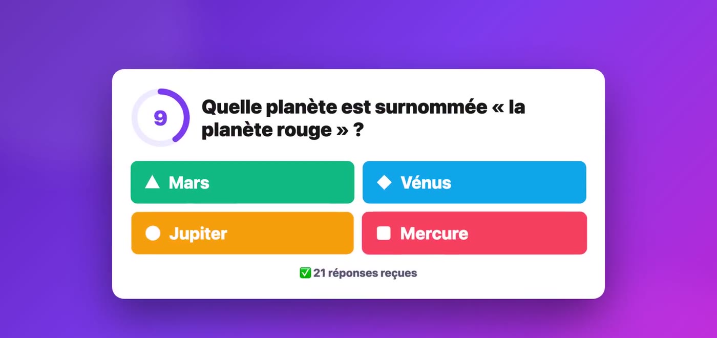 Question d'AppQuiz projetée en direct avec ses quatre réponses colorées et le minuteur