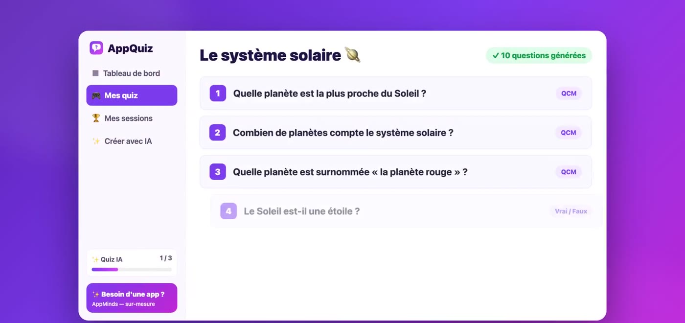 Un quiz AppQuiz sur le système solaire, avec ses dix questions générées