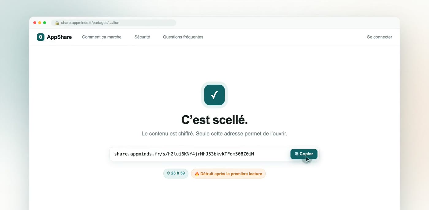 Écran de confirmation d'AppShare : le lien sécurisé, son compte à rebours et le bouton de destruction