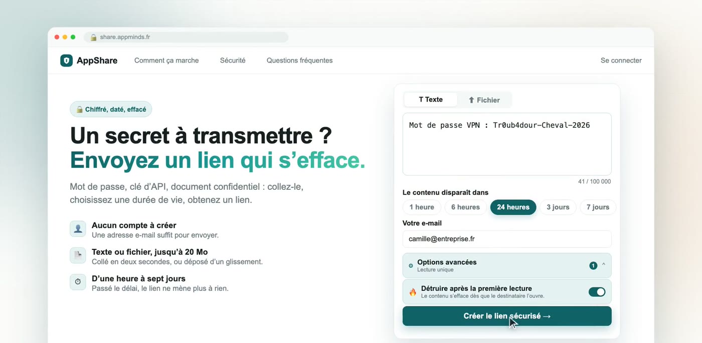 Options avancées d'AppShare : lecture unique, mot de passe et intitulé du partage