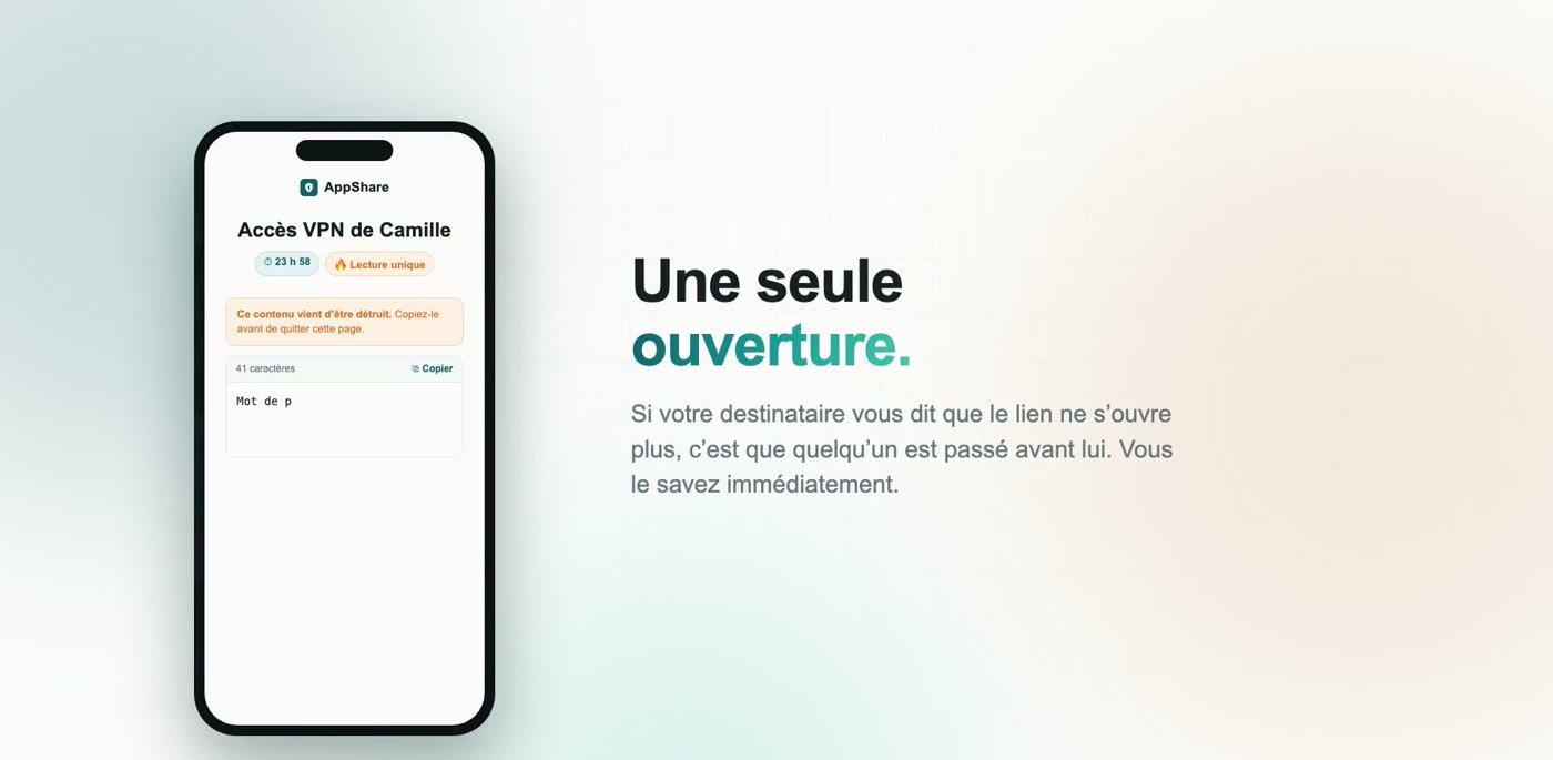 Un partage AppShare ouvert sur un téléphone, marqué « lecture unique »