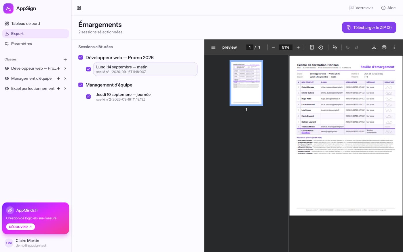 Page Export d'AppSign : les sessions fermées classe par classe, avec prévisualisation de la feuille