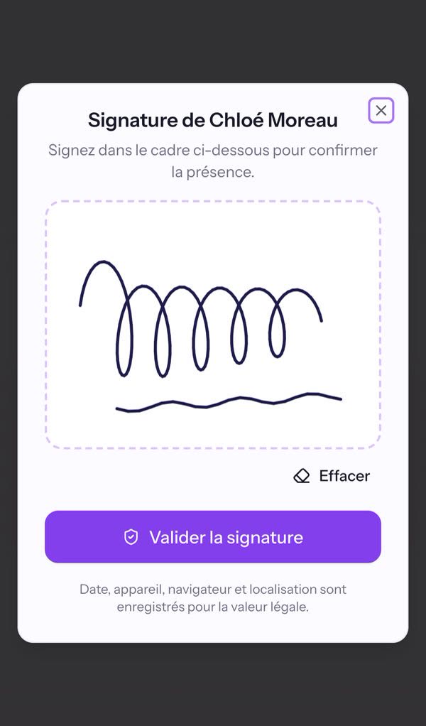 Écran de signature d'AppSign sur un téléphone : le stagiaire signe du doigt dans le cadre