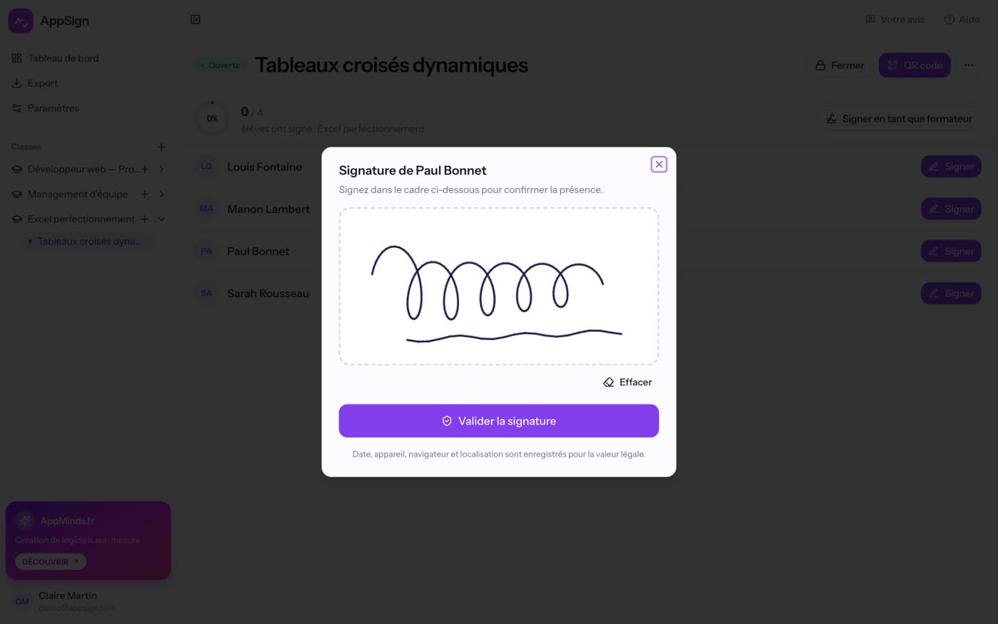 Fenêtre de signature d'AppSign : un stagiaire signe au doigt sur l'écran du formateur