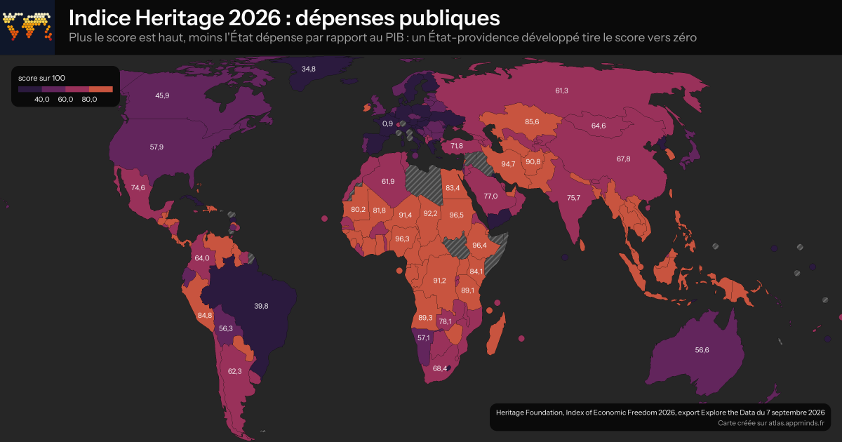Carte du monde des dépenses publiques rapportées au PIB, palette violet-orangé