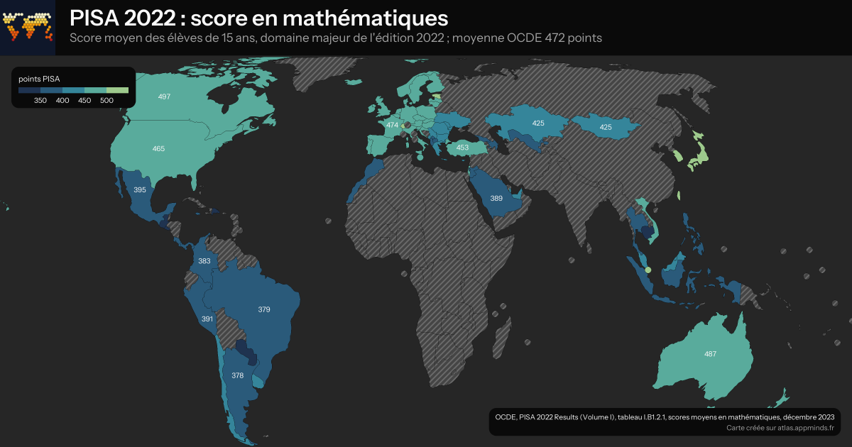 Carte du monde des scores PISA 2022 en mathématiques, palette bleu-vert par seuils