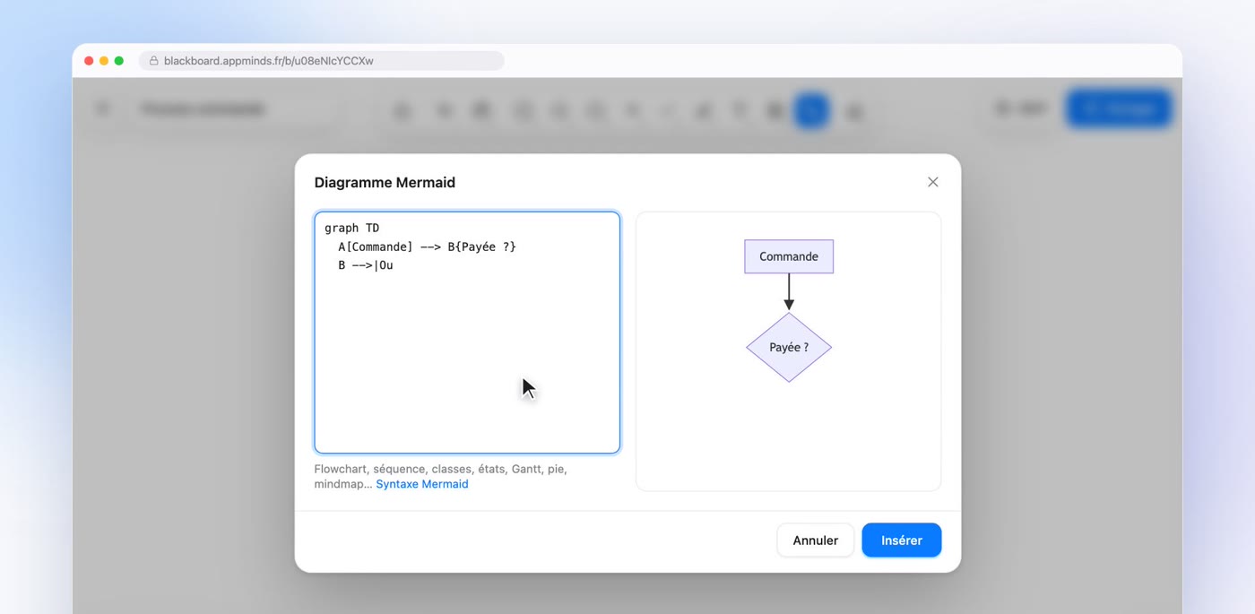 Éditeur de diagramme Mermaid dans BlackBoard, avec le code à gauche et l'aperçu à droite