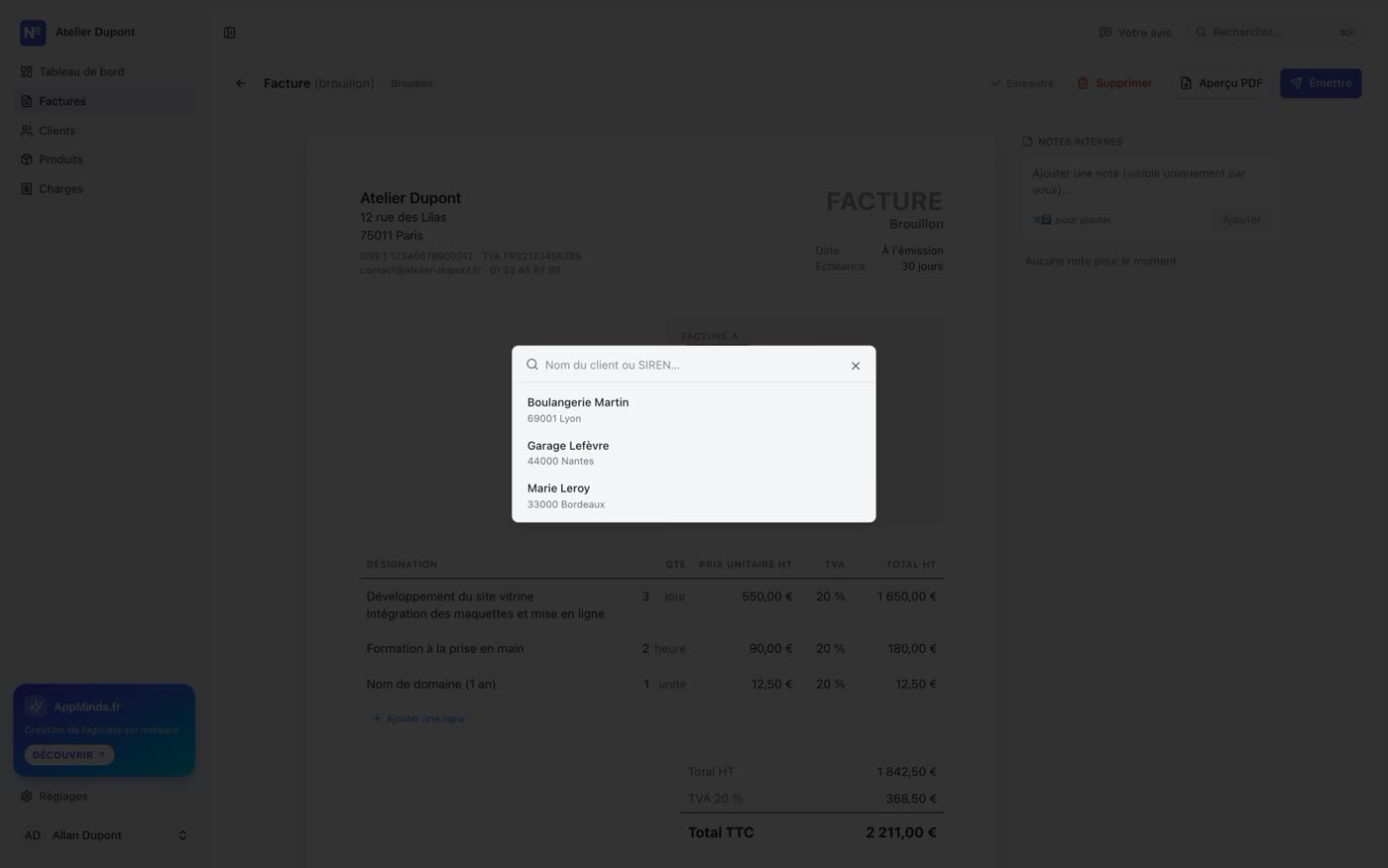 Recherche d'un client dans Facture, par nom ou par SIREN, depuis l'annuaire des entreprises