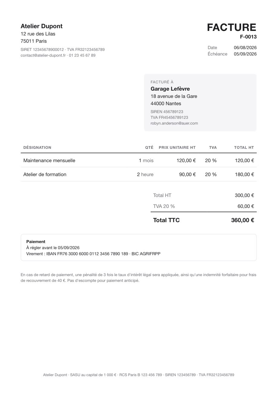 Le PDF d'une facture émise avec Facture, identique à ce qui était affiché à l'écran