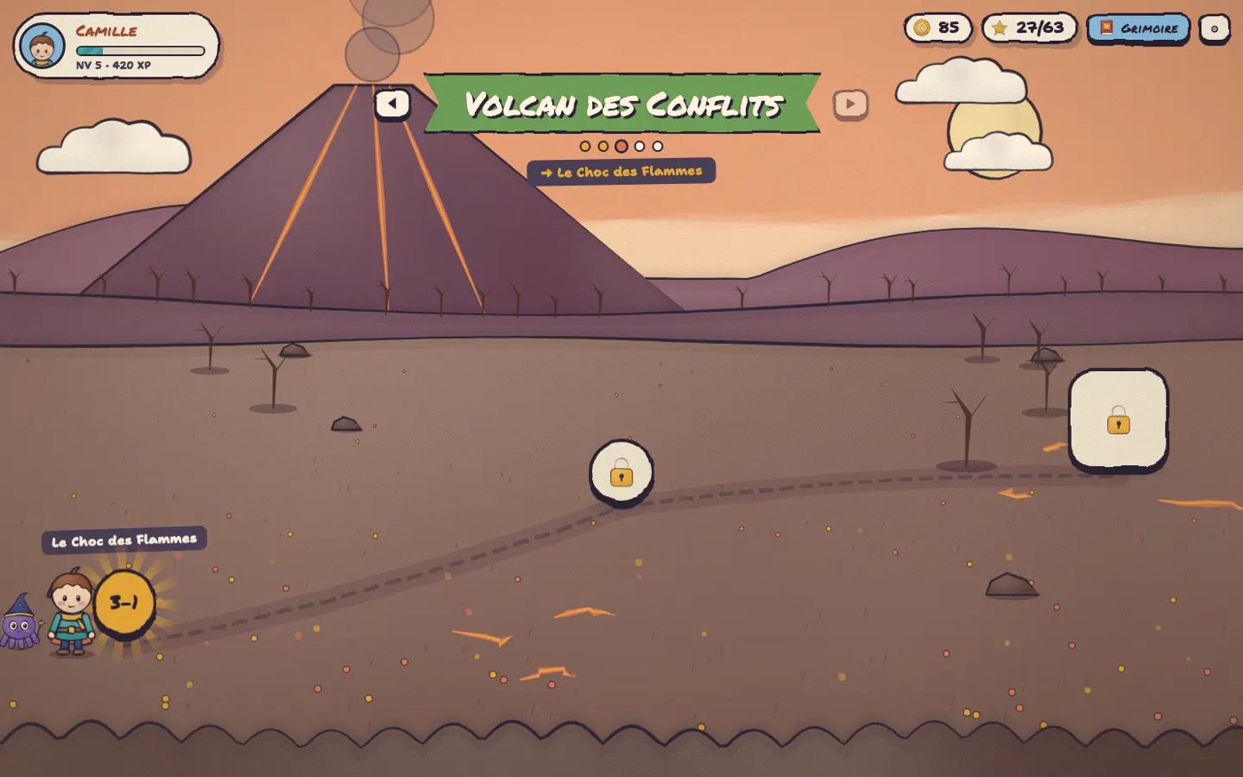 Carte du jeu Git Quest : le Volcan des Conflits, avec le personnage du joueur et des niveaux encore verrouillés