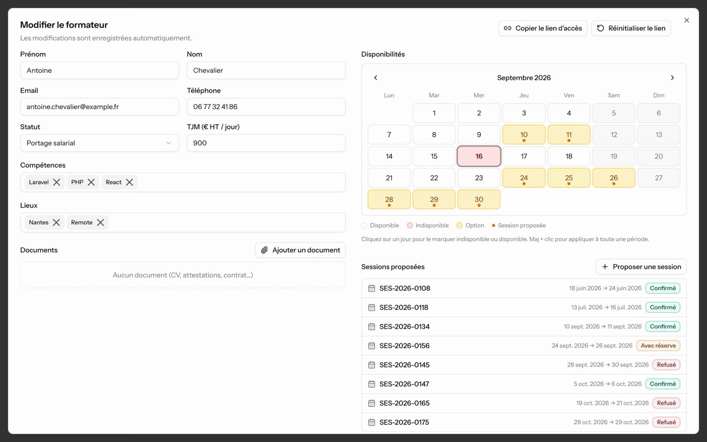 Fiche formateur AppStaff : compétences, lieux, statut, tarif journalier, calendrier des disponibilités et sessions proposées