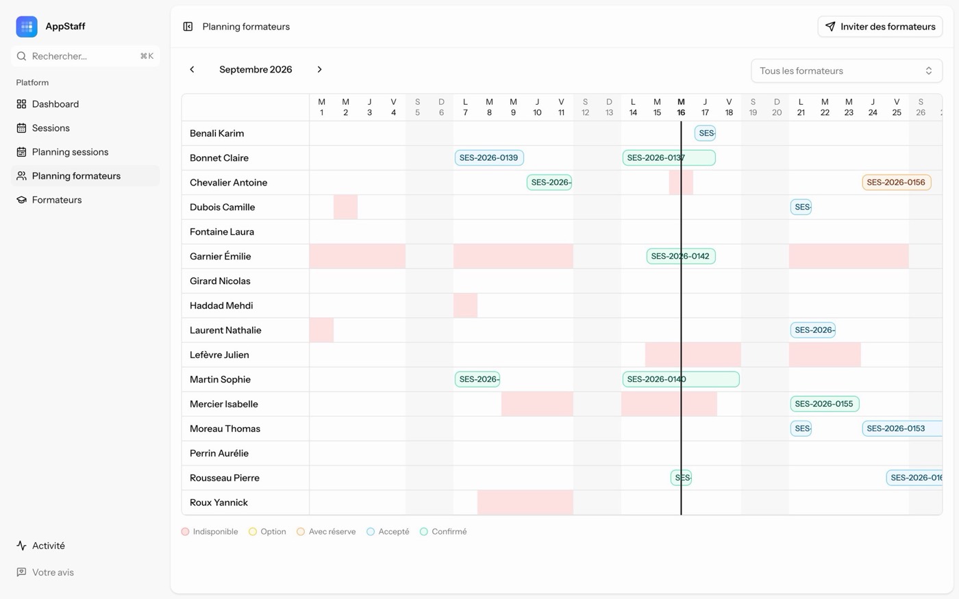 Planning mensuel des formateurs dans AppStaff : sessions affectées et jours d'indisponibilité