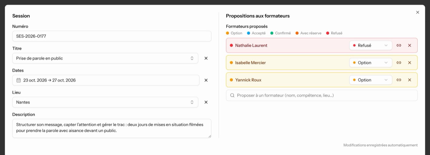 Fiche d'une session AppStaff : formateurs proposés et statut de chaque proposition